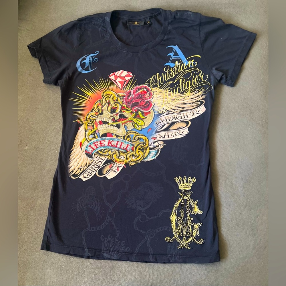 Christian Audigier Vintage Life Kills with Rhinestones. Retro Tee